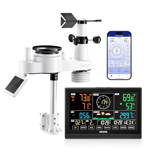 VEVOR Stazione Meteorologica Wi-Fi con APP, Display VA da 190 mm, Sensore Esterno Wireless Alimentato a Energia Solare, Pluviometro, per Interni ed Esterni per Previsioni del Tempo Temperatura