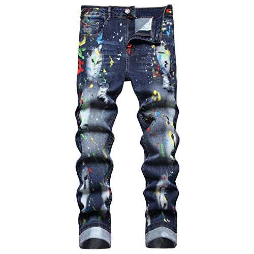 Zehwonpei Mens Skinny Ripped Biker Slim Fit Jeans Fashion Printed Comfy Stretch Denim Jeans Pants (As1, Regular, 8 3 9 Dark Blue，Numeric_34) #TOP3