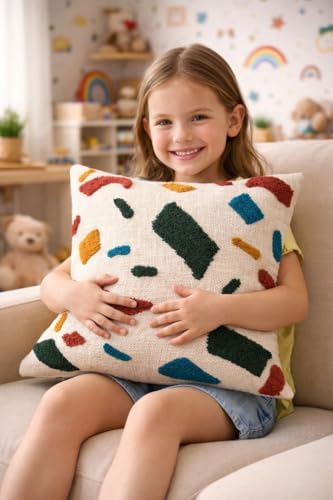 Image of Decorative Cushion Cover, Abstract Terrazzo Pattern, Tufted Design, Cotton, 40.64x40.64 cm, Square, Multicolor, Ideal for Kids Bedroom