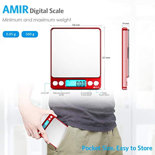 Amir Brifit Upgraded Digital Kitchen Scale, 500G Mini Pocket Jewelry Scale, Cooking Food Scale With Back-Lit Lcd Display, 2 Trays, 6 Units, Auto Off, Tare, Stainless Steel (Batteries Included) #TOP4
