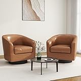 Swivel Barrel Accent Chair, Modern Round Faux Leather Arm Chair for Living Room, Bedroom, Comfy Club Reading Chairs for Adults, Faux Leather Brown, Set of 2