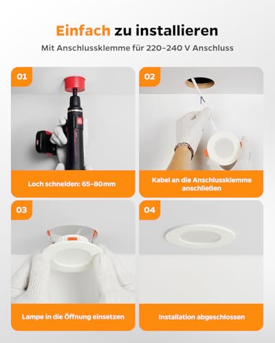 Sineyon LED Einbaustrahler 230V 68mm, 12er Set LED Spots Flach 4W Warmweiß 3000K Neutralweiß 4000K Kaltweiß 6500K, Deckenspots Weiß 65-80mm Lochmaß, Spots Deckenleuchte für Badezimmer Küche