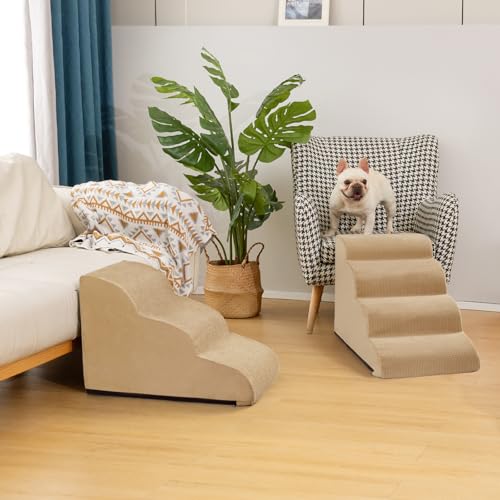 Image of Aodisman Dog Stairs for Small Dogs and Cats,3-Step Pet Ramp for Couch,Chair | 15.7 inch H Non-Slip Sturdy Dog Steps with Curved Ramp for Senior,Short-Legged Dogs,Puppy and Cats to Reach Sofa or Chair,Khaki