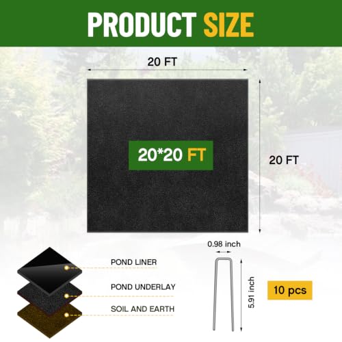 Image of Fanfanwin 20 x 20 ft Pond Liner Underlayment with 10 U-pins, 9oz, Black