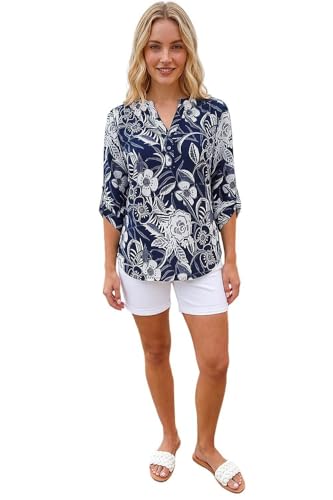 Image of Roman Shirt for Women UK Ladies Top Collarless Blouse Stretchy Tunic Smart Casual Autumn Winter Jersey 3/4 Length Sleeve Notch V Neck Flattering Office Work - Navy White Floral - Size 16