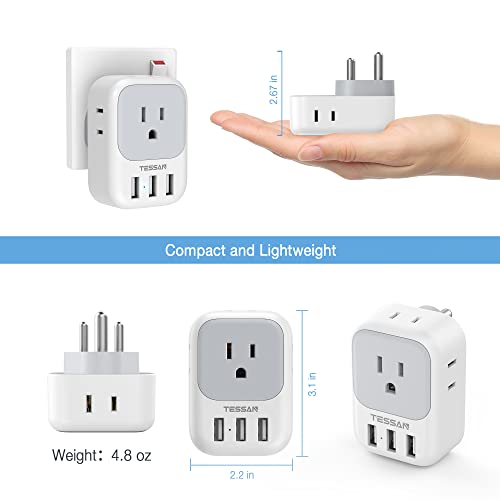 Tessan Us To India Plug Adapter, 7 In 1 Power Adapter With 4 Ac Outlets 3 Usb Charging Ports, Travel Adaptor For Usa To India Bangladesh Maldives Nepal Pakistan thumb #5