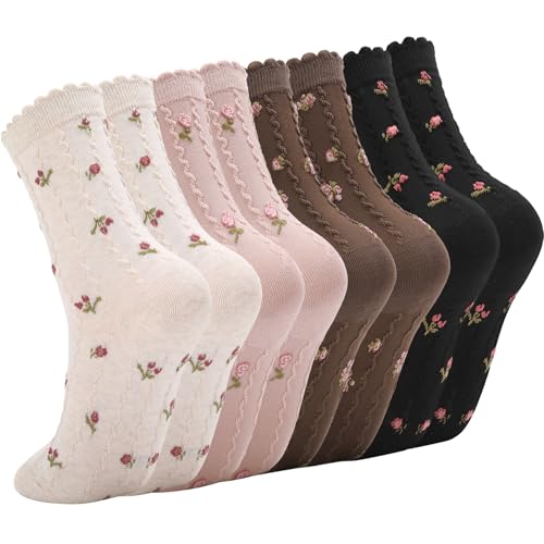 Jspupifip Women Ruffle Socks, 4 Pairs Floral Frilly Socks Casual Ankle Breathable Knit Cute Lettuce Floral Crew Sock Size 5-7