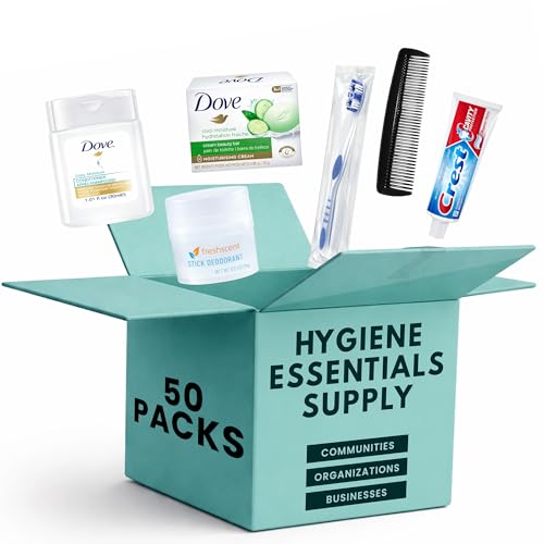 TREKTOTE Assemble Your Own Hygiene Kit Bulk Hygiene Essentials Travel Size Toiletries Set with Comb Toothbrush Toothpaste Shampoo Deodorant Bag and More (50 Pack)