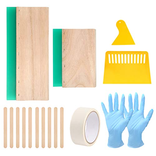 Aoibrloy 16 Pieces Screen Printing Squeegee kit with 2pcs 75 Durometer Wooden Ink Scraper (9.4, 5.9inch), 2pcs Plastic Printing Squeegee, 1pcs Masking Tape, 1pair Gloves, and 10pcs Wood Mixing Sticks