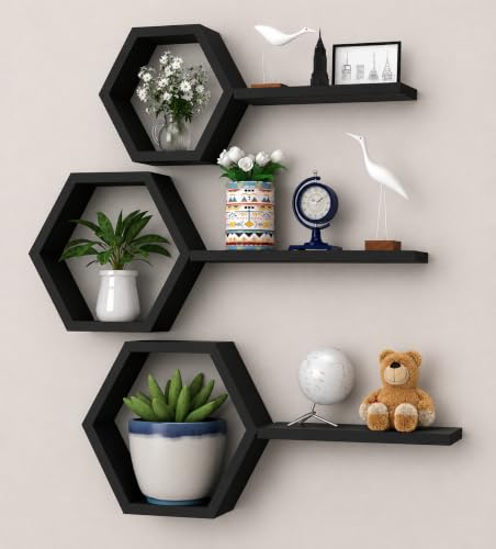 Image of Hexagon Wall Shelves Set of 6 | Wooden Floating Wall Shelf for Home Decor | Honeycomb Design Wall Rack for Living Room, Bedroom & Office (Black)