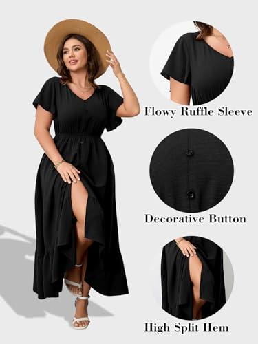 Image of RWJ Women Plus Size Maxi Dress V Neck Short Sleeve Button Trim Split Flowy Tiered Casual Long Dresses 2025 L-3XL
