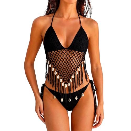 Conjunto de bikini para mujer, hecho a mano, con cuello halter y triángulo, traje de baño de dos piezas con borla, traje de baño para playa, crochet, parte inferior de bikini, juego de bikini ahuecado