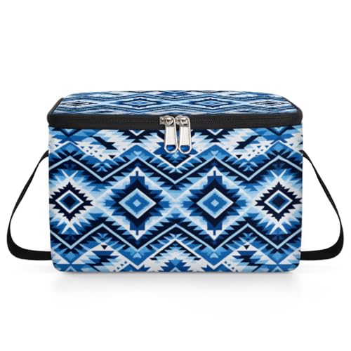GzLeyigou Ethnic Trellis Lunch Bags for Women Men 9 Cans, Hot & Cold Food Delivery Bag Insulated Grocery Bag Insulated Lunch Box Blue Folk Cooler Bag for Office Work Picnic Beach