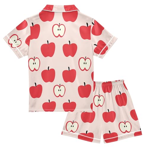 Cartoon Cute Apple Print Summer Satin Pajama Set, Cute Button-Down Sleepwear Pj Set for Sleep Wears2