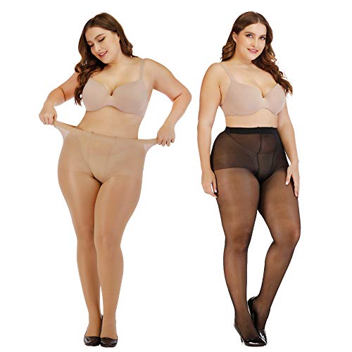 ARRUSA Super Durable Plus Size Tights, High Waist Control Top Sheer Pantyhose, Shiny Nylon Thigh High Stockings for Women (Black+Skin Tone)