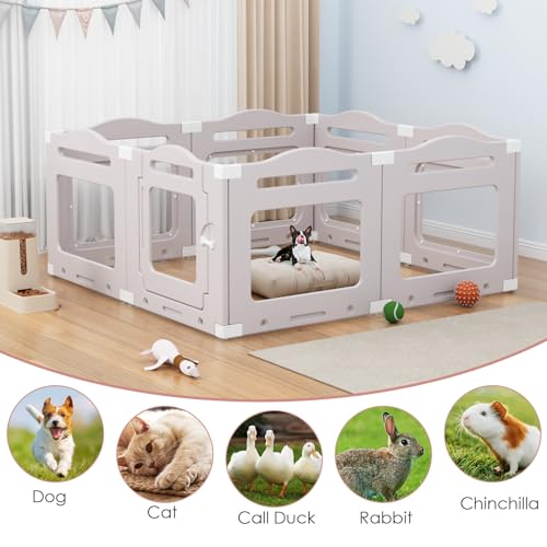 Clevich Welpenauslauf aus Acryl 60 cm hoch, 7 PCS +1 Laufstall Hund mit Tür, gitterloser Welpenlaufstall, Hundelaufstall für Wohnung, Saugnapf, Transparent, Indoor-Hundezwinger für Welpen, Warmgrau