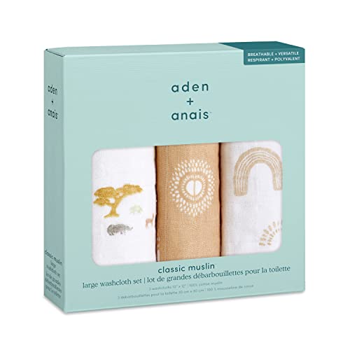 Image of aden + anais Boutique Oversized Washcloth 3-Pack, Super Soft 100% Cotton Muslin, Gentle on Skin, 3 Absorbent 12x12 Layers, Softer with Every Use, Perfect for Babies, Infants, Toddlers, Keep Rising