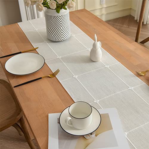 Gernaice Rustic Lattice Linen Table Runner 13 X 108 Inches Vintage Checkered Boho Farmhouse Embroidery Plaid 108 Inches Long Table Runners With Tassel Kitchen Dining Holiday Party Home Decor White #TOP3