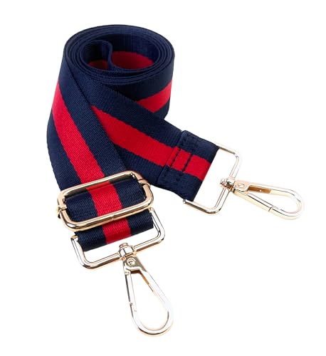 Image of Classic Navy Blue Red Stripe Purse Strap with Light Gold Hardware 1-1 /2 Inch Wide Replacement Crossbody Guitar Style Shoulder Strap for Handbags Totes