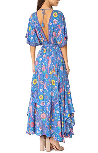 R.vivimos Women Summer Print Deep V Neck Cotton Beach Midi Dresses (Medium, Blue) #TOP1