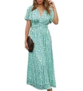 Women's Summer Boho Floral Maxi Dress Elegant Empire Waist Ruffle Short Sleeve V Neck Flowy Dresses