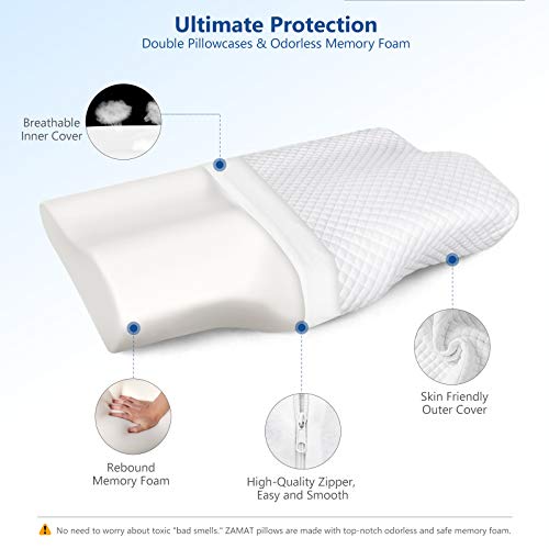Image of ZAMAT Memory Foam Pillow for Neck Pain Relief, Adjustable Orthopedic Ergonomic Cervical Pillow for Sleeping with Washable Cover, Bed Pillows for Side, Back, Stomach Sleepers