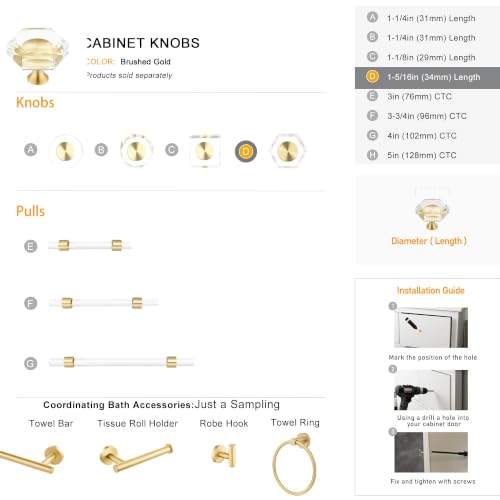 Image of QOGRISUN 5-Pack Crystal Cabinet Knobs, Gold Drawer Knobs, Hexagon 1-3 /8in