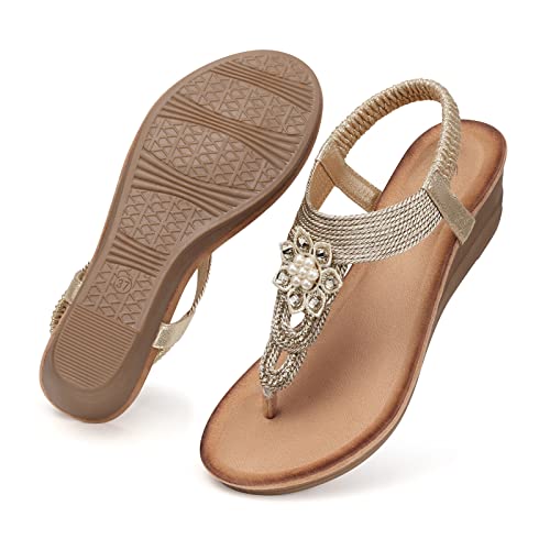 Shibever Boho Wedge Sandals For Women Dressy Summer Waking Low Wedge Sandal Thong Elastic Ankle Strap Jeweled Shoes Apricot 9 #TOP1