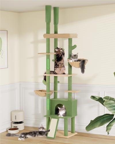 Aechonow Cat Tree Floor to Ceiling with 18.9in Big Perch Bed and Condo for Large Adult Cats, 86in-108in Heavy Duty Cat Tower for Indoor Cat Pet, Cactus Green