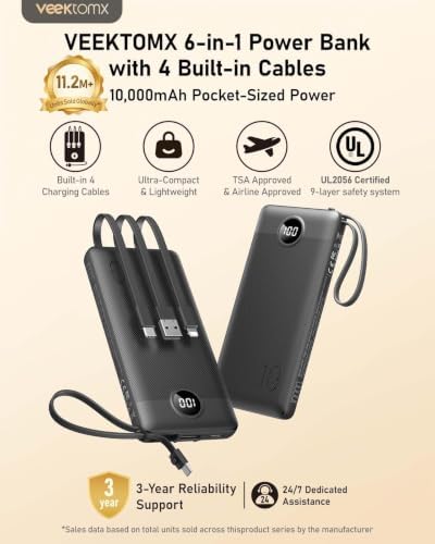 VEEKTOMX 10000mAh Portable Charger with Built-in Cables, Fast Charge Power Bank for iPhone 16/15/14 Samsung Android, USB C Battery Pack with iPhone Micro USB Travel Essentials, Black