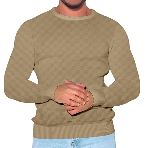Men's Spring Jacquard Checkered Sweater Male Round Neck Pullover Sweater Cable Knit Long-Sleeve Sweaters for Men