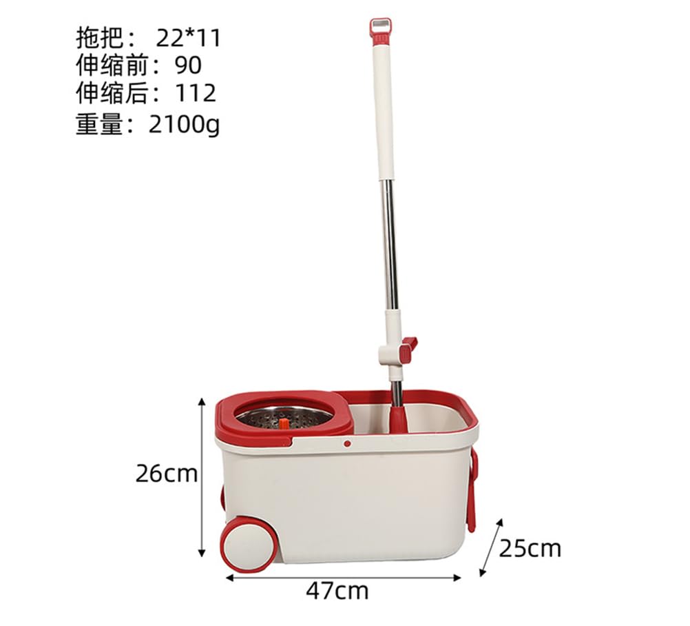 Sistema de Cubo y fregona giratoria con Ruedas, Cubo de plástico Giratorio de 360 ​​Grados con Boquilla de Drenaje para Limpieza de Suelos, Incluye 2 recambios