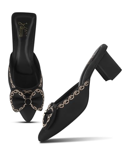 Image of JM LOOKS Elegant Pointed Toe Block Heel Mules Featuring Sophisticated Bow Detail and Ornate Textured Embroidery