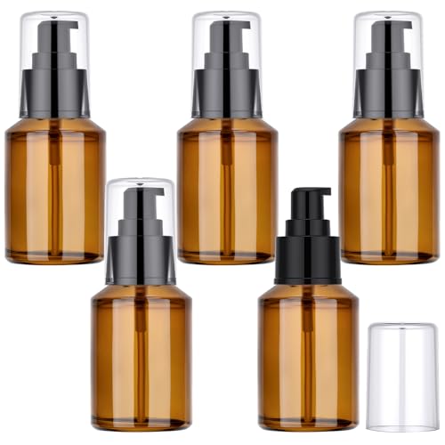 Image of Segbeauty 2oz Refillable Glass Travel Size Empty Bottles, 5pcs Amber Lotion Pump Bottles Empty, 60ml Mini Travel Lotion Container, Small Cosmetic Container Bottle Pump Dispener for Creams Oils Liquids