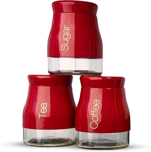 ATEK Glass Tea Coffee Sugar Canisters Set 3Pcs,Airthight Screw Lid Multipurpose Kitchen Storage Containers for Sugar Spices Modern Kitchen Glass Jars Tea Coffee Sugar Canisters Pots Easy to Clean