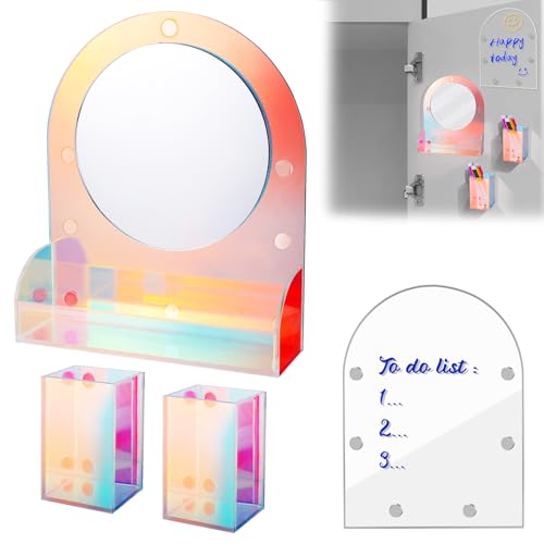 Image of ANPHSIN Iridescent Finish Locker Accessories Set - Includes Acrylic Magnetic Mirror, 2 Pen Holders, Dry Erase Board, Back to School Supplies Locker Decor Organizer for Girls Gifts