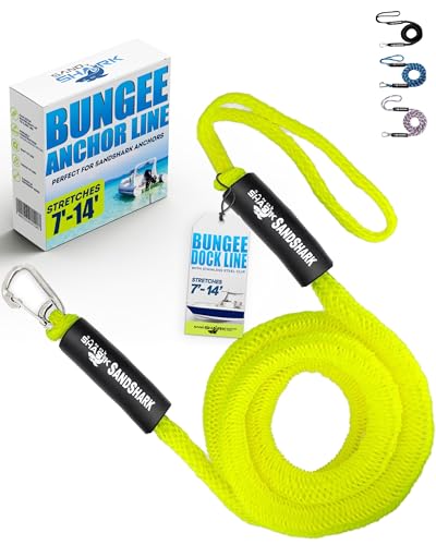 SandShark Premium Anchor Bungee Dock Line. Boat Accessories Anchor Line Absorbs Shock to Anchors and Docks w/Stainless Steel Clip - Neon Green - 7-14ft