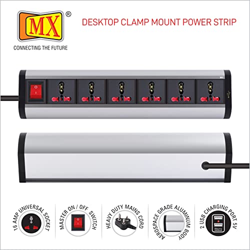 Image of MX Premium Power Console 16 Amp 6 Universal Sockets with 2 USB Charging Port Extension Board - with Removable Desk Clamp - Power Strip - Master Switch - 1.5m 3 Pin Plug Extension Cord (4180 1.5mtr)