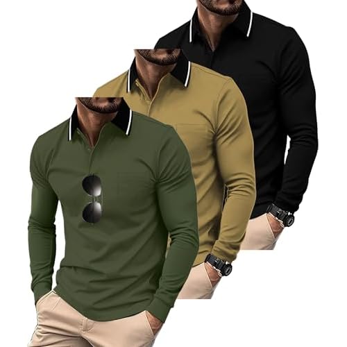 ZITY 3 Pack Men Polo Shirts Long Sleeve with Pocket Golf Shirts Shirts for Men Casual Work Athletic Collared T-Shirts Black Green Khaki Large