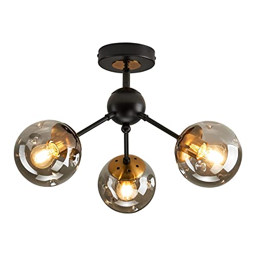 Plafonnier Vintage pour Entrée et Escalier avec Globe Verre Noir 3 Lampes