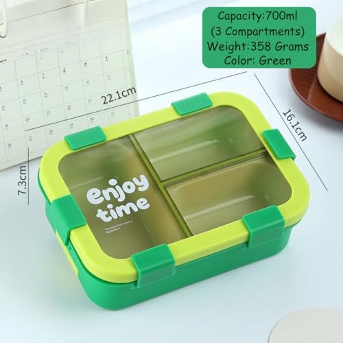 Image of Motka Bento 700 ML Lunch Box 3 Compartments with Insulated Bag | Spoon & Fork Set | Leak Resistant, Food Container for Kids, Adults, School, Office, Travel (Green)