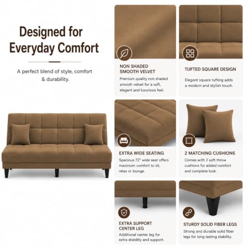 Image of Adorn India Alyssum 3 Seater Sofa Cum Bed 4X6 Velvet 2 Cushions (Color Camel) and Suitable for All Indoor, with 3 Years Warranty