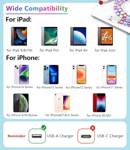 Image of ATESSON for iPhone Charger Cord 3.3FT Beaded Phone Charger Cable for iPhone 14 /13 /12 /11 Pro Max 60W Fast Charging USB A Cable for iPad 9th /8th /7th Generation Girly Cute Car Accessories for Women Girls