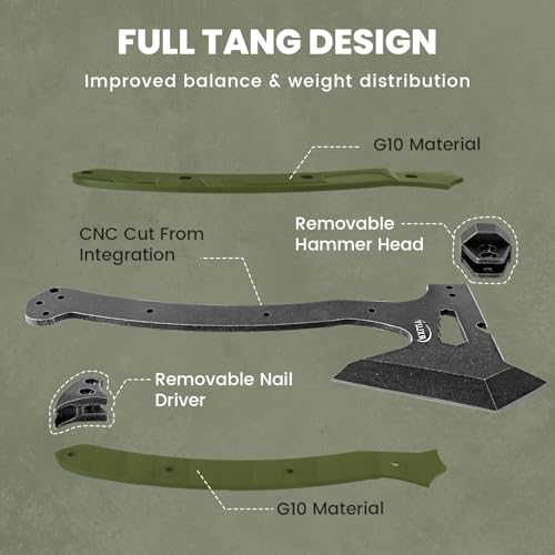 Tactical Axe with G10 Handle Camping Survival Hatchet, Multifunctional Hiking Outdoor Heavy Duty Full Tang Tomahawk Tools with Hammer, Unique Design Crowbar, Leather Sheath (Green) - Image 4
