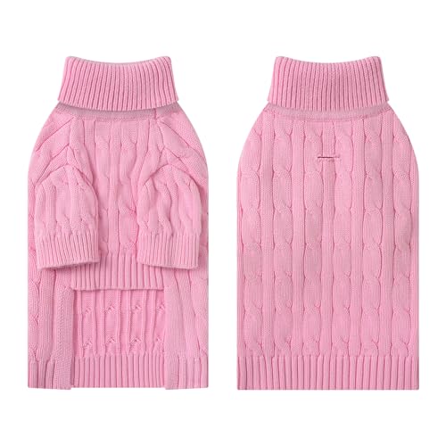 Image of Small Dog Thermal Pullover Sweater, Classic Turtleneck Cable Knitwear Dog Clothes for Cold Weather Warm Pet Clothes for Chihuahua, Bulldog, Dachshund, Pug Pink XX-Large