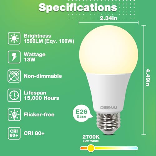 Image of A19 LED Light Bulbs, 100 Watt Soft Light Bulbs, E26 Standard Base, Non-Dimmable, 13W Bright White LED Bulbs for Bedroom Living Room Home Office, 12 Pack