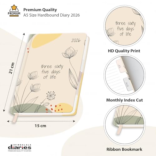 Image of Jhingalala Diary 2026 - Floral Theme Printed Hard Bound Daily & Monthly Planner 2026 with Monthly Index Cut and Ribbon Bookmark | 1 Day to a Page Format | 365 Dates Personal Diary | Size 21x15 cm