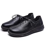 Women's Genuine Leather Lace-Up Flat Oxfords,Classic Round Toe Handmade Beef Tendon Soft Sole Business Formal Dress Driving Shoes Casual Comfortable Non-Slip Mom Walking Shoes (Black,7)