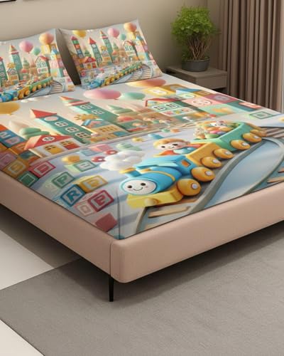 Image of 7D Flat Bedsheet 400TC Sheet Set, Kids Design bedsheet, Floral Design, Decorative Bedding with Daisy Pattern, Kids Room Decor, 90X100 Inch (Train)