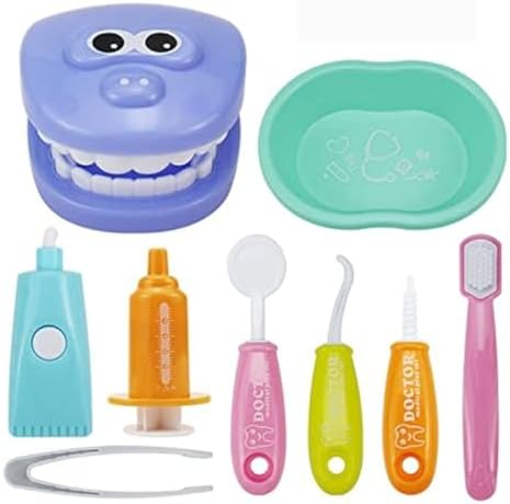 OPTSPTOY 9PCS Plastic Simulation Dentist Play Set Medical Kit Pretend Toy for Kids Hygienic Habbit Cultivation Role Play Game for Children 6 Colors Simple OPP Bag Packaging (Mixed Color)